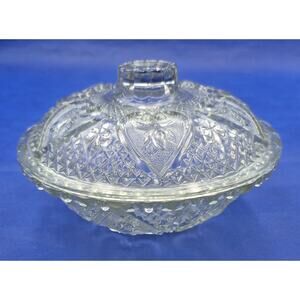 Vintage KIM Indonesia Hearts and Roses Clear Glass Candy Dish with Lid 6.5x2.25"